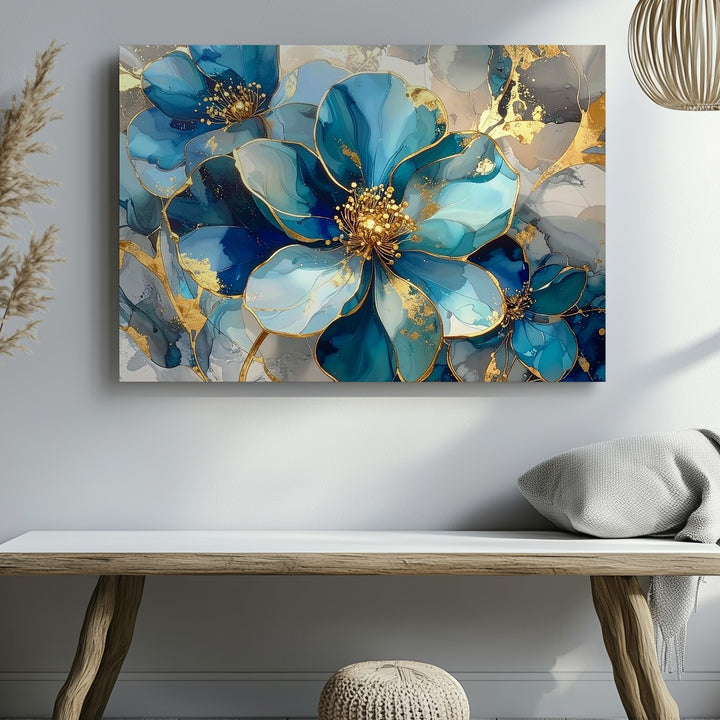 Blue & Gold Bloom Canvas – Luxurious Floral Art with Marble Texture - Gifitto