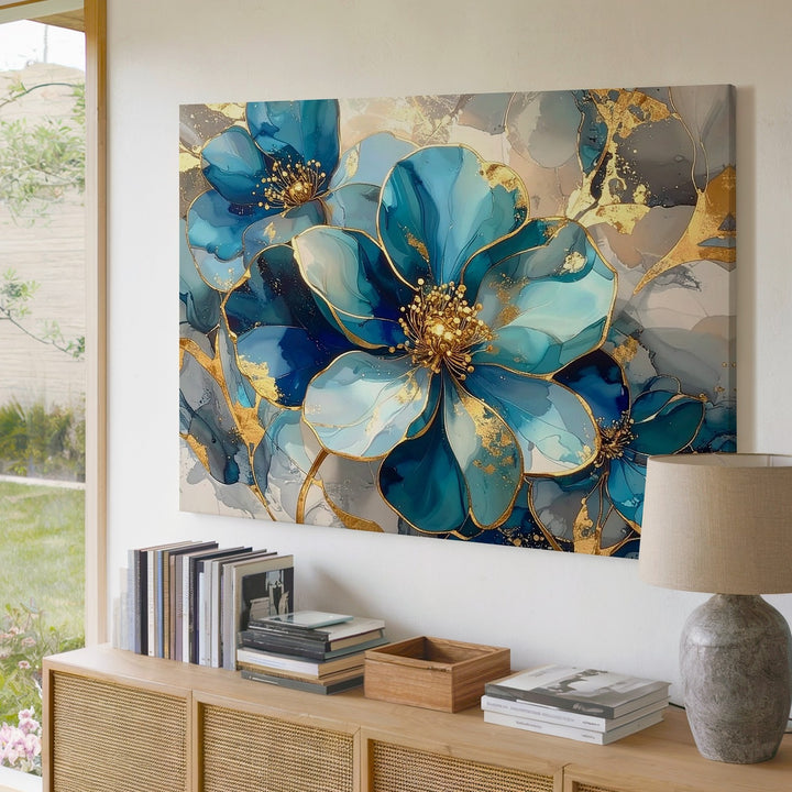 Blue & Gold Bloom Canvas – Luxurious Floral Art with Marble Texture - Gifitto