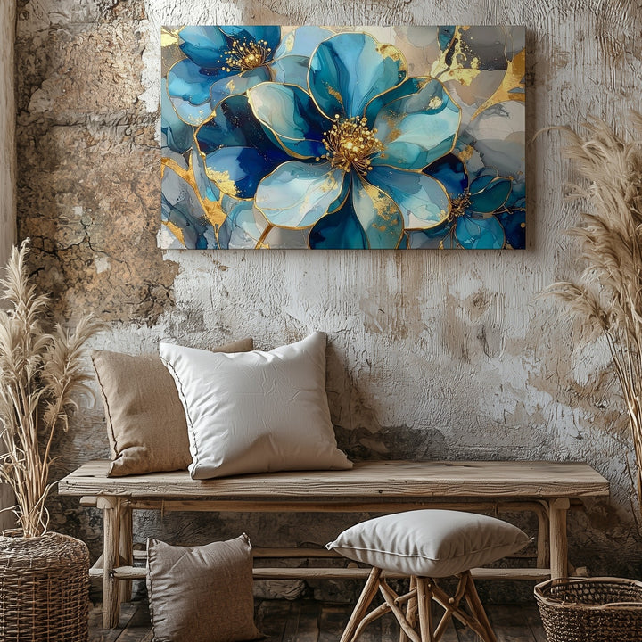 Blue & Gold Bloom Canvas – Luxurious Floral Art with Marble Texture - Gifitto