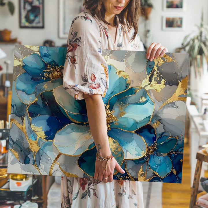 Blue & Gold Bloom Canvas – Luxurious Floral Art with Marble Texture - Gifitto