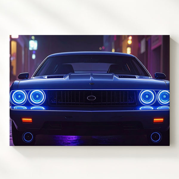 Midnight Menace Canvas – Dodge Challenger with Blue Halo Lights - Gifitto