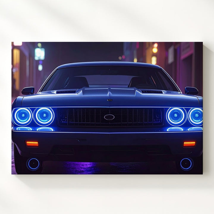 Midnight Menace Canvas – Dodge Challenger with Blue Halo Lights - Gifitto