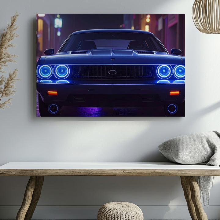 Midnight Menace Canvas – Dodge Challenger with Blue Halo Lights - Gifitto