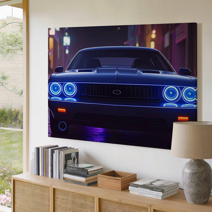 Midnight Menace Canvas – Dodge Challenger with Blue Halo Lights - Gifitto