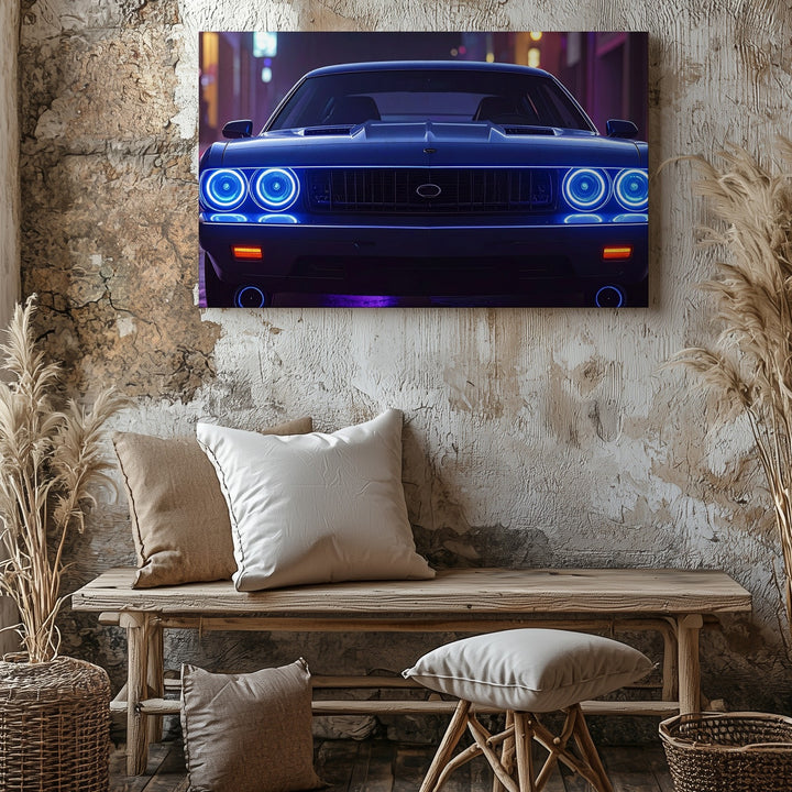 Midnight Menace Canvas – Dodge Challenger with Blue Halo Lights - Gifitto