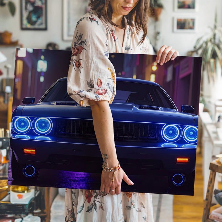 Midnight Menace Canvas – Dodge Challenger with Blue Halo Lights - Gifitto