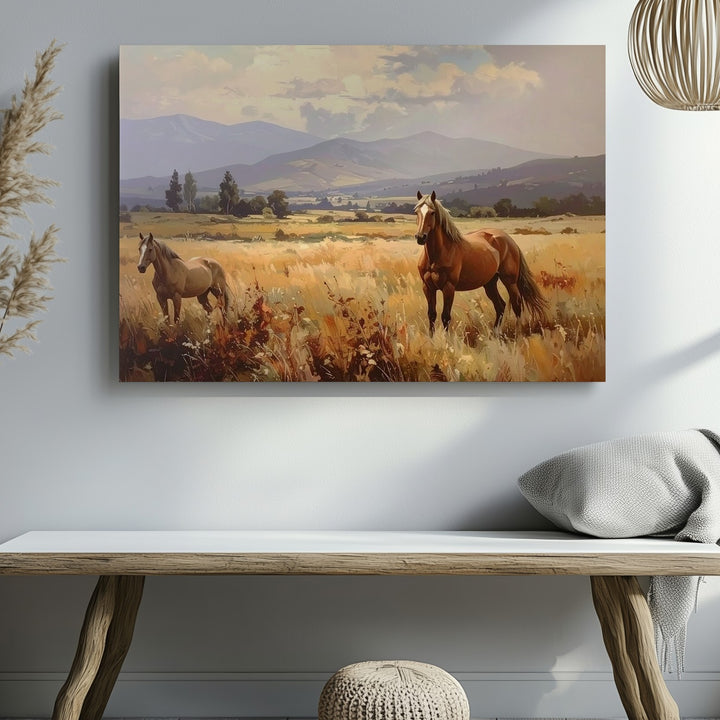 Golden Field Horses Canvas – Soft Impressionistic Equestrian Art - Gifitto