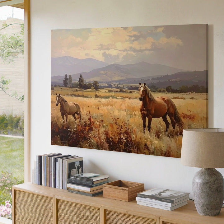 Golden Field Horses Canvas – Soft Impressionistic Equestrian Art - Gifitto