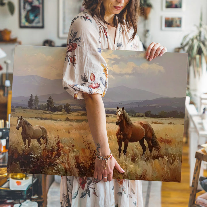 Golden Field Horses Canvas – Soft Impressionistic Equestrian Art - Gifitto