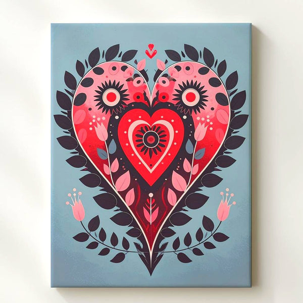Folk Art Heart Canvas – Bold and Beautiful Love Symbol in Red, Pink & Black - Gifitto