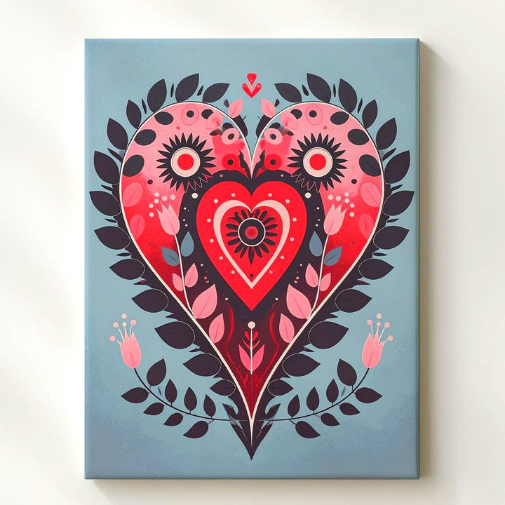 Folk Art Heart Canvas – Bold and Beautiful Love Symbol in Red, Pink & Black - Gifitto