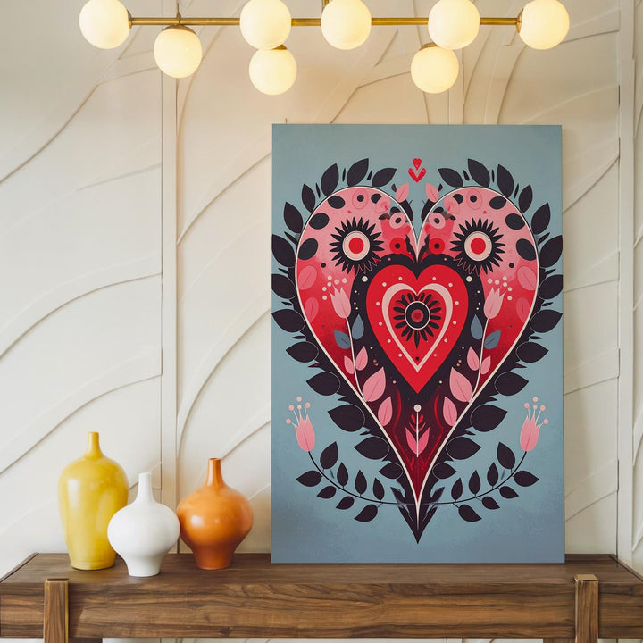 Folk Art Heart Canvas – Bold and Beautiful Love Symbol in Red, Pink & Black - Gifitto