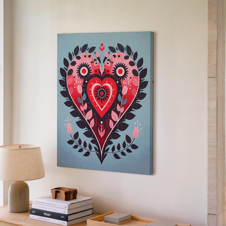 Folk Art Heart Canvas – Bold and Beautiful Love Symbol in Red, Pink & Black - Gifitto