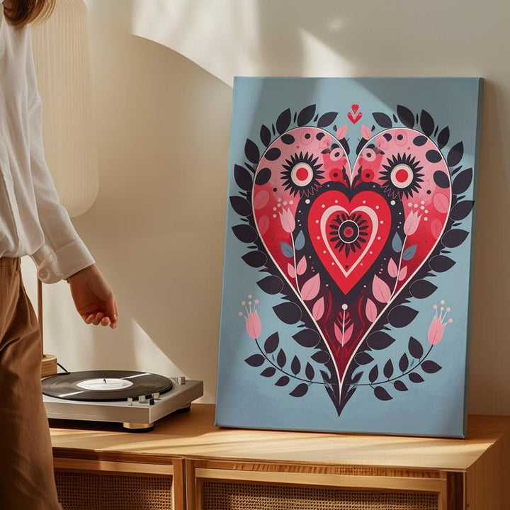 Folk Art Heart Canvas – Bold and Beautiful Love Symbol in Red, Pink & Black - Gifitto