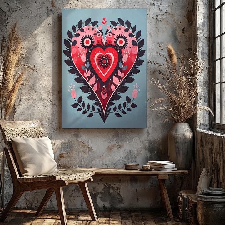 Folk Art Heart Canvas – Bold and Beautiful Love Symbol in Red, Pink & Black - Gifitto