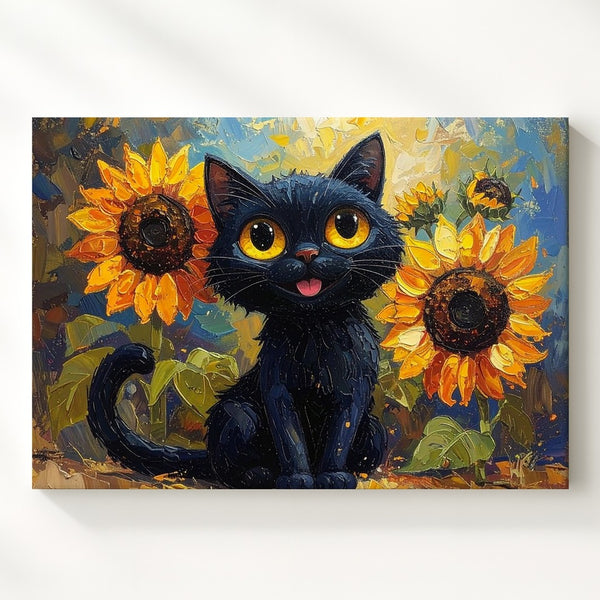 Quirky Black Cat with Sunflowers Canvas – Playful Feline Art - Gifitto