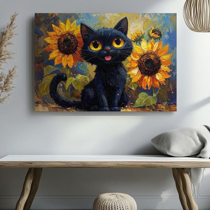 Quirky Black Cat with Sunflowers Canvas – Playful Feline Art - Gifitto