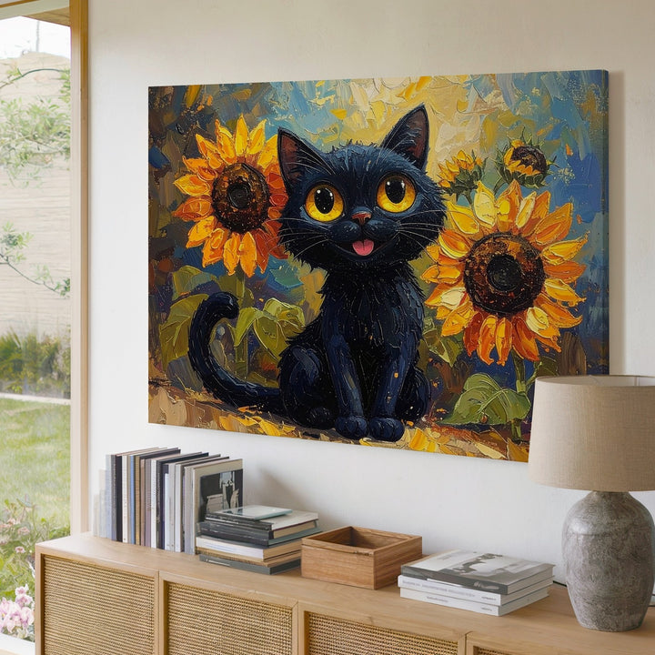 Quirky Black Cat with Sunflowers Canvas – Playful Feline Art - Gifitto