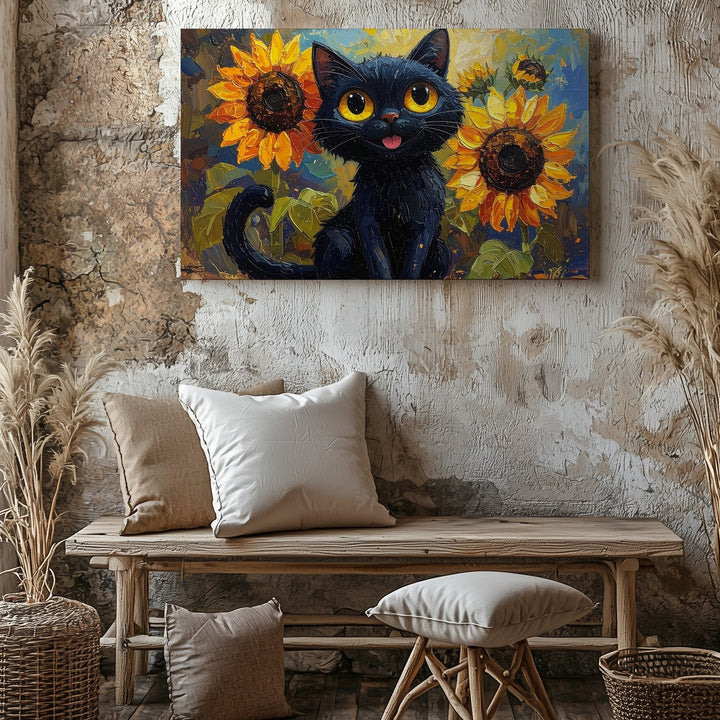 Quirky Black Cat with Sunflowers Canvas – Playful Feline Art - Gifitto