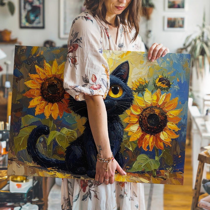 Quirky Black Cat with Sunflowers Canvas – Playful Feline Art - Gifitto