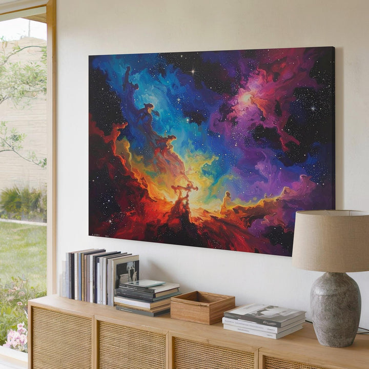 Vertical Cosmic Color Canvas – Abstract Nebula in Blue, Red, Green & Purple - Gifitto