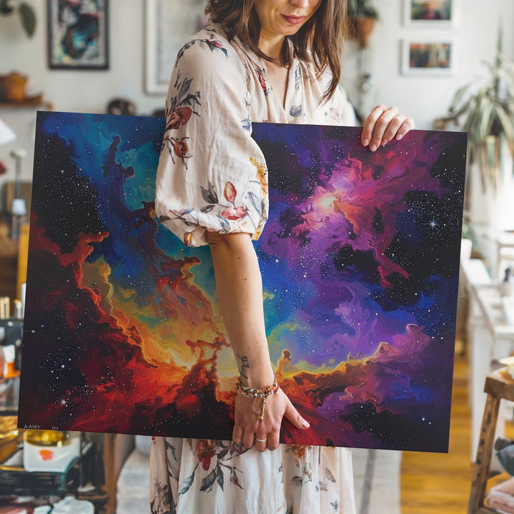 Vertical Cosmic Color Canvas – Abstract Nebula in Blue, Red, Green & Purple - Gifitto