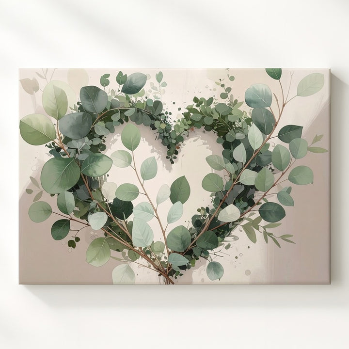 Heart-Shaped Eucalyptus Wreath Canvas – Minimal Botanical Wall Art - Gifitto