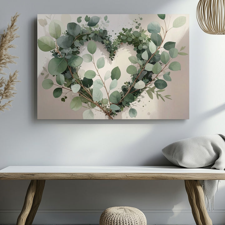 Heart-Shaped Eucalyptus Wreath Canvas – Minimal Botanical Wall Art - Gifitto