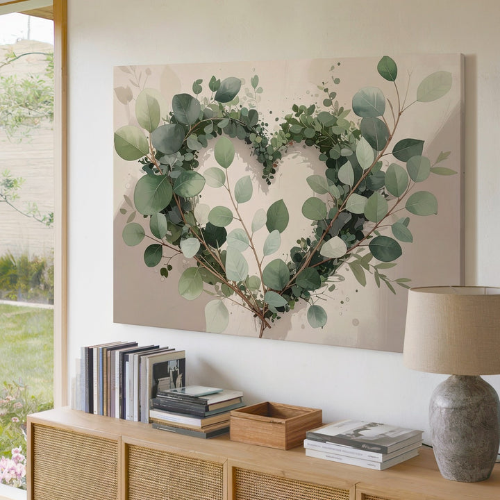 Heart-Shaped Eucalyptus Wreath Canvas – Minimal Botanical Wall Art - Gifitto