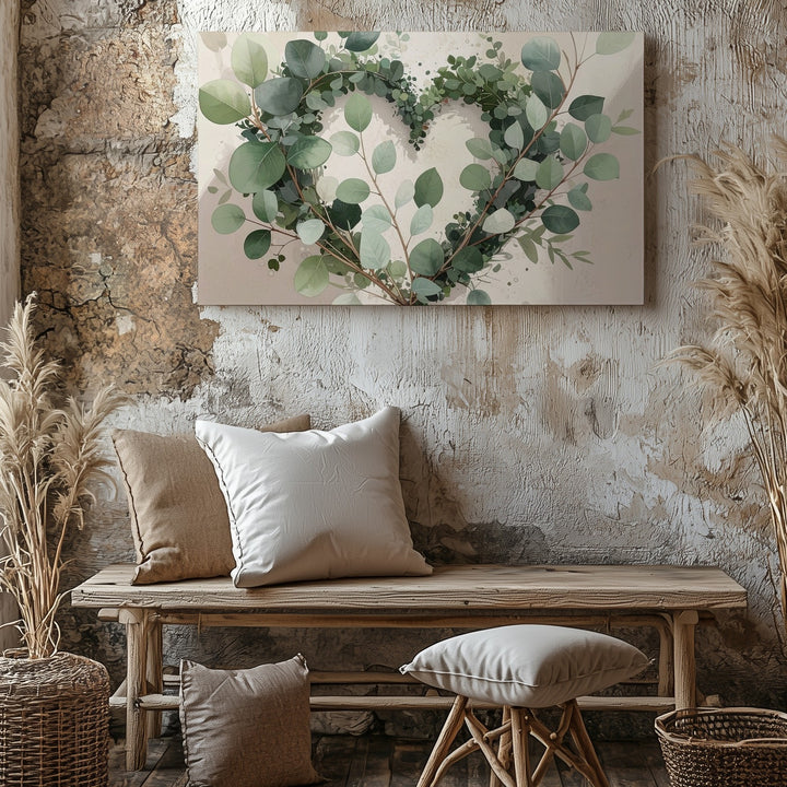 Heart-Shaped Eucalyptus Wreath Canvas – Minimal Botanical Wall Art - Gifitto