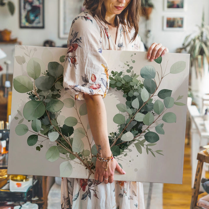 Heart-Shaped Eucalyptus Wreath Canvas – Minimal Botanical Wall Art - Gifitto