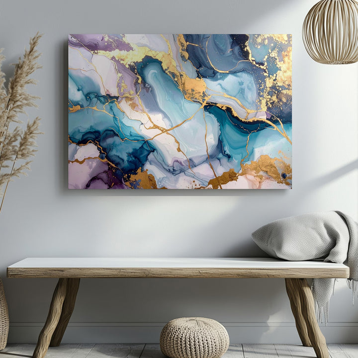 Opulent Agate Canvas – Abstract Marbled Art with Metallic Gold and Blue Hues - Gifitto
