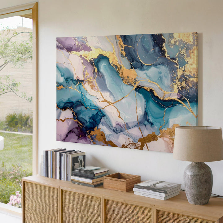 Opulent Agate Canvas – Abstract Marbled Art with Metallic Gold and Blue Hues - Gifitto