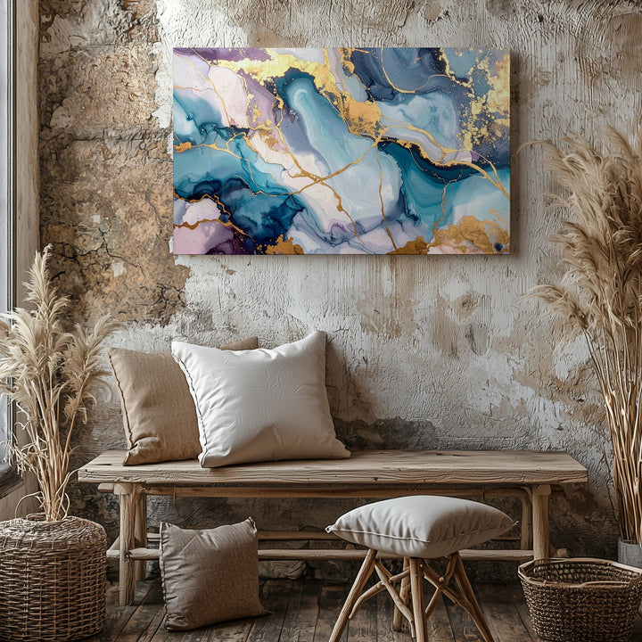 Opulent Agate Canvas – Abstract Marbled Art with Metallic Gold and Blue Hues - Gifitto