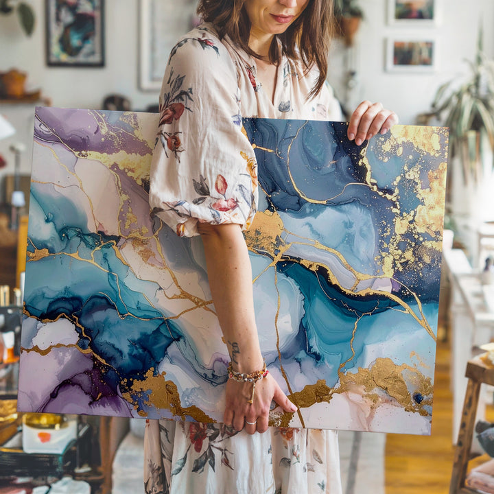 Opulent Agate Canvas – Abstract Marbled Art with Metallic Gold and Blue Hues - Gifitto