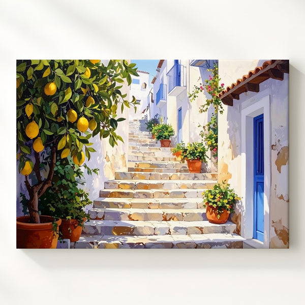 Sunlit Mediterranean Alley Canvas – Charming Village Staircase & Lemon Trees - Gifitto