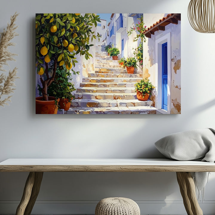 Sunlit Mediterranean Alley Canvas – Charming Village Staircase & Lemon Trees - Gifitto