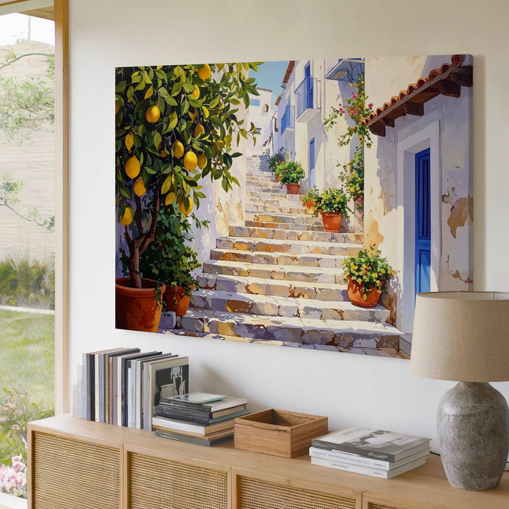 Sunlit Mediterranean Alley Canvas – Charming Village Staircase & Lemon Trees - Gifitto