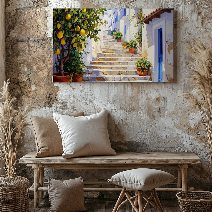 Sunlit Mediterranean Alley Canvas – Charming Village Staircase & Lemon Trees - Gifitto