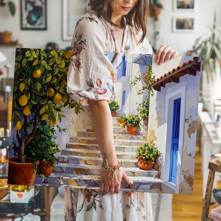 Sunlit Mediterranean Alley Canvas – Charming Village Staircase & Lemon Trees - Gifitto