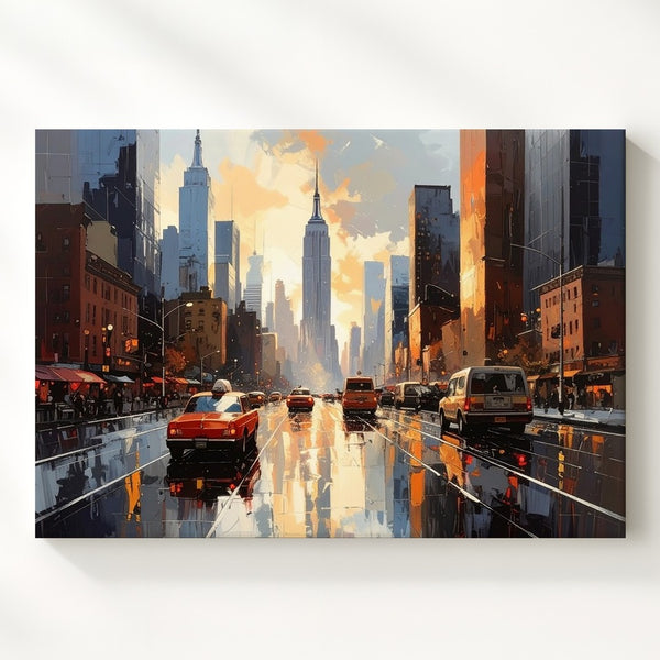 Sunset Rush NYC Canvas – Panoramic Urban Street Scene with Classic Taxi