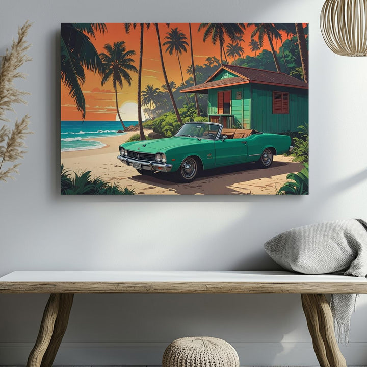 Vintage Convertible Sunset Canvas – Retro Beachside Tropical Wall Art - Gifitto