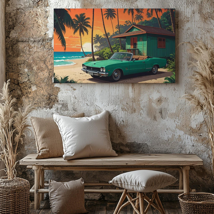 Vintage Convertible Sunset Canvas – Retro Beachside Tropical Wall Art - Gifitto