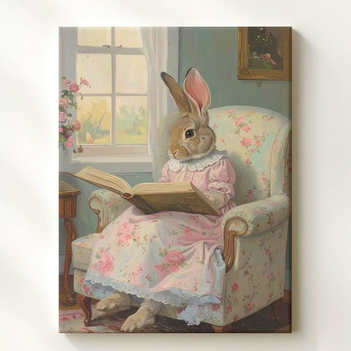 Whimsical Rabbit in Floral Dress Canvas – Cozy Reading Scene for Spring - Gifitto