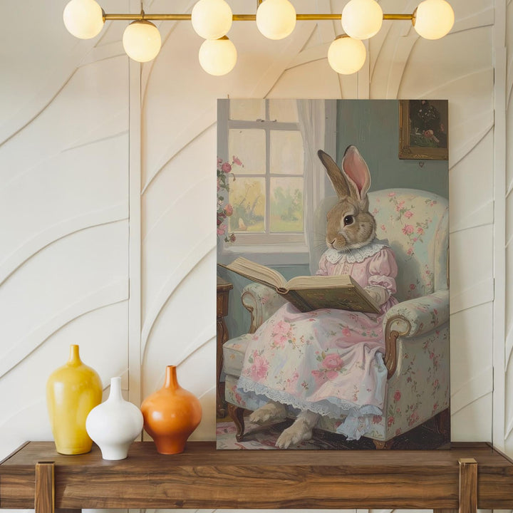 Whimsical Rabbit in Floral Dress Canvas – Cozy Reading Scene for Spring - Gifitto
