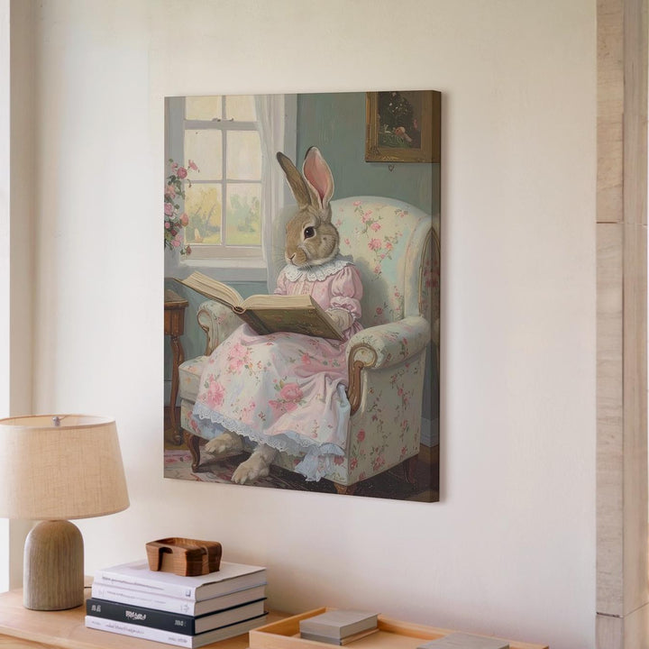 Whimsical Rabbit in Floral Dress Canvas – Cozy Reading Scene for Spring - Gifitto