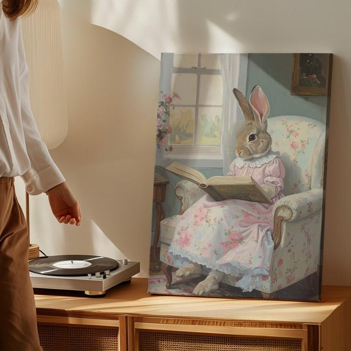 Whimsical Rabbit in Floral Dress Canvas – Cozy Reading Scene for Spring - Gifitto