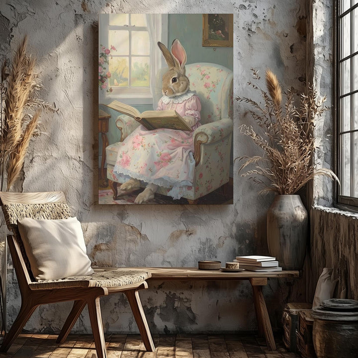 Whimsical Rabbit in Floral Dress Canvas – Cozy Reading Scene for Spring - Gifitto