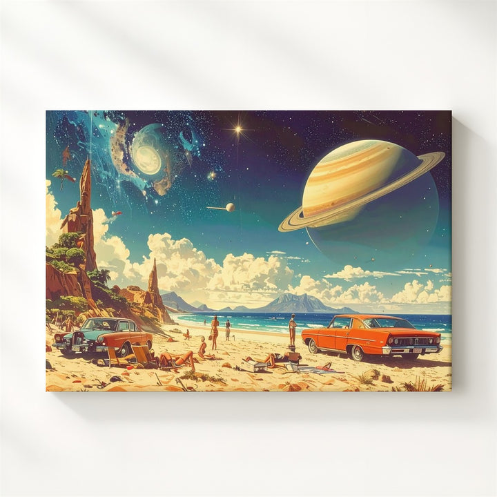 Retro Saturn Beach Canvas – Surreal 1950s Collage with Cosmic Sky - Gifitto