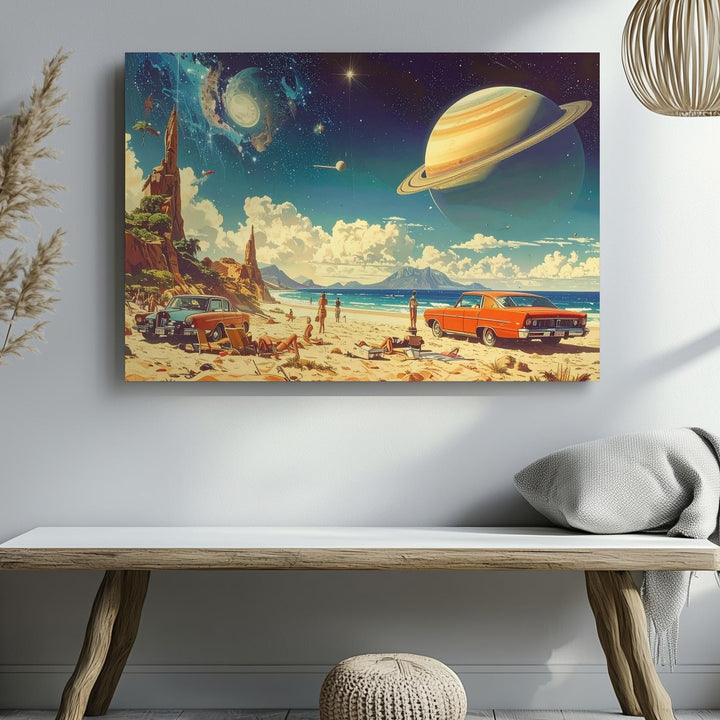 Retro Saturn Beach Canvas – Surreal 1950s Collage with Cosmic Sky - Gifitto